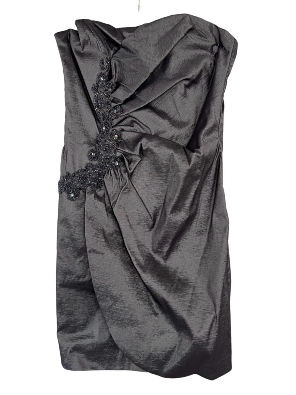 Xscape by Joanna Chen Charcoal Strapless Mini Dress with Beaded Applique